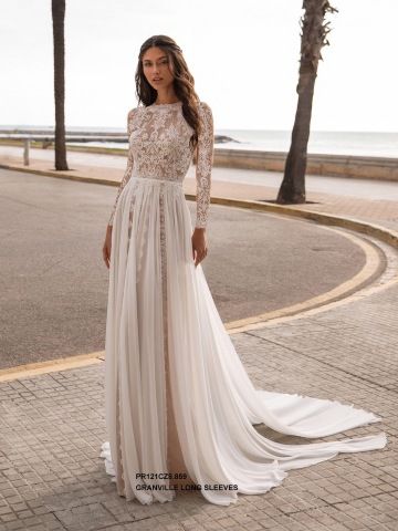 zahalené boho svatební šaty ke krku s rukávem